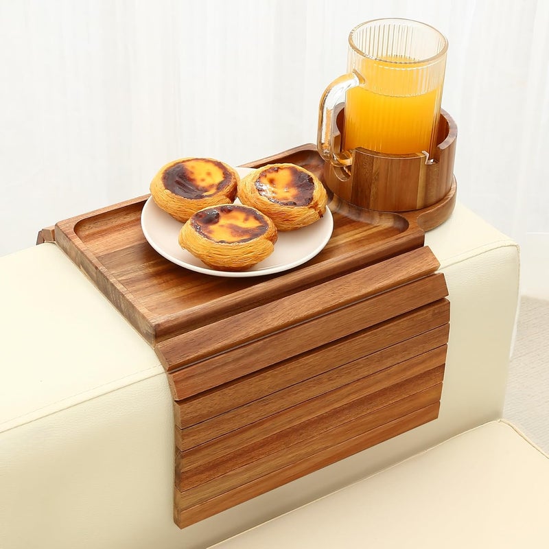 GHKINMAL Couch Cup Holder Tray, Acacia Wood Couch Armrest Table with 360° Ratated Phone Holder, 18.99" Flodable Anti-Slip Sofa Armrest Tray Tables for Snacks Remote Storage - Image 1